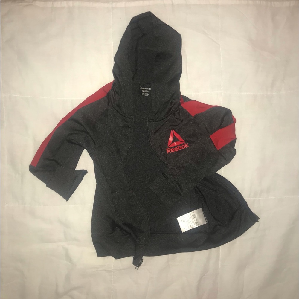 XS Size 5 Reebok jacket w Hoodie Dark grey w Red